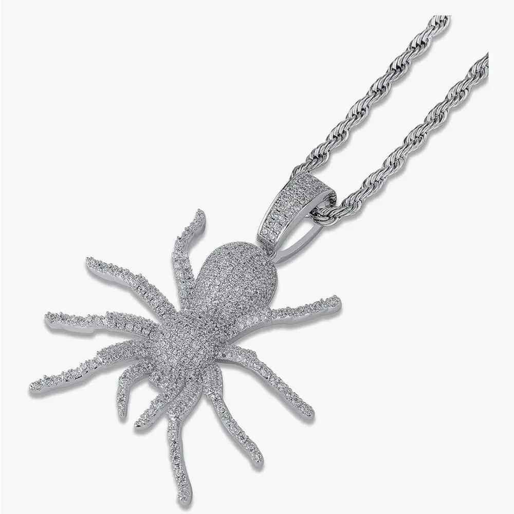 Iced Out Spider Pendant Necklace + Simulated Diamond Micropave Silver Rope Chain